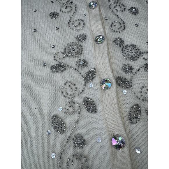 100% Cashmere Cardigan Sweater Womens Small Ivory Beaded Crystal Button - Picture 5 of 9